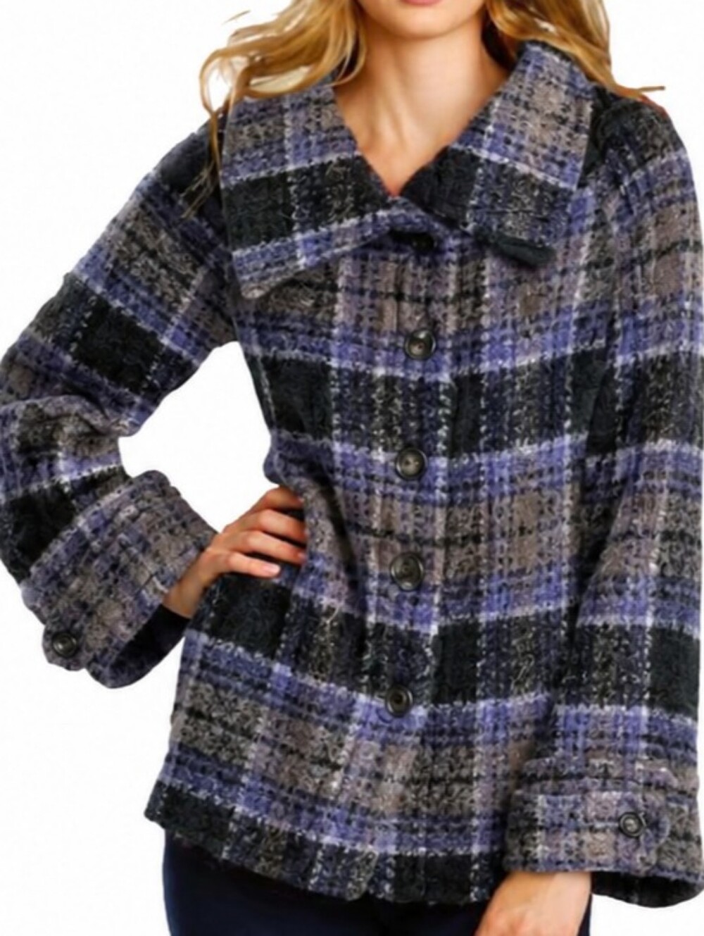 FREE PEOPLE Brushed Wool Fuzzy  Plaid Coat Blue Purple Medium